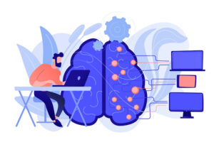 brain with digital circuit and programmer with laptop machine learning artificial intelligence illustration