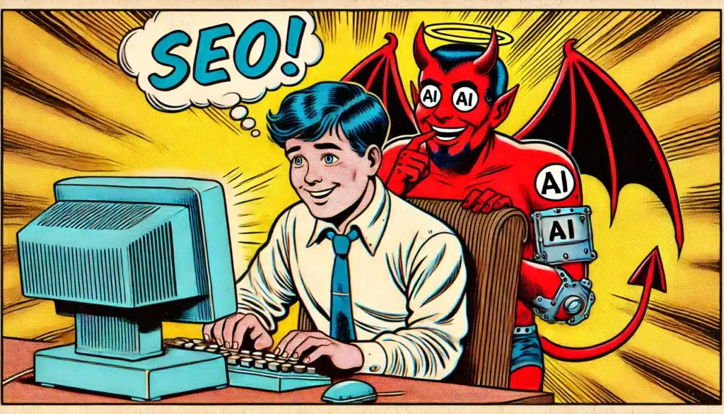 devil representing ai leaning over an innocent guy's shoulder doing seo on a computer