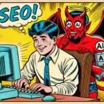 devil representing ai leaning over an innocent guy's shoulder doing seo on a computer