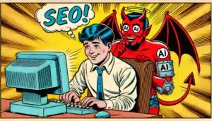 devil representing ai leaning over an innocent guy's shoulder doing seo on a computer